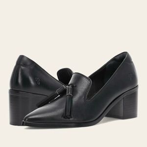 NWT  Frye Suede Leather Sadie Venetian Tassel Block Heel Loafers Black Size 11M